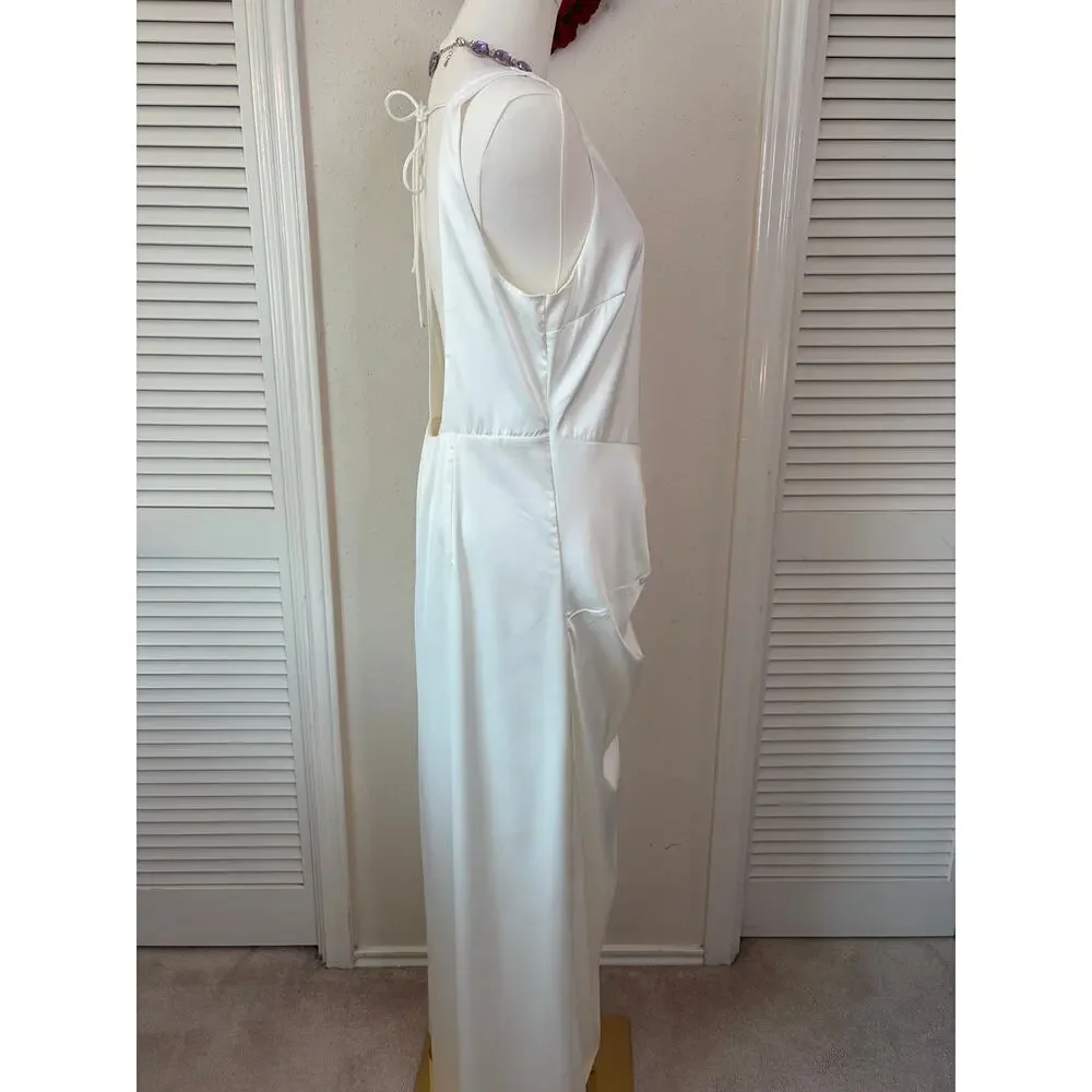 Abercrombie Draped White Satin Maxi Dress with Cutout Back Size Large
